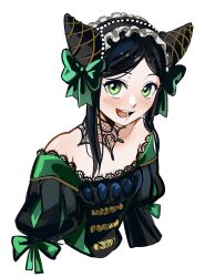 1girl absurdres black_hair black_trim bow cone_hair_bun dress frills gothic_lolita green_eyes hair_bun hairband highres kuroshitsuji lolita_fashion lolita_hairband looking_at_viewer off-shoulder_dress off_shoulder puffy_sleeves ribbon sieglinde_sullivan smile solo uneasywolf victorian