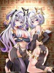 2girls amane_kanata amane_konata ancient_egyptian_clothes anklet armlet bare_shoulders black_gloves blush bracelet breasts circlet egyptian_trend_(meme) elbow_gloves gloves gold_skirt gold_vambraces grey_hair halo halterneck harem_outfit hieroglyphics highres inokeiwd jewelry large_breasts long_hair looking_at_viewer medium_breasts medium_hair meme multicolored_hair multiple_girls navel open_mouth panties purple_eyes purple_hair see-through_clothes smile star_halo streaked_hair underwear virtual_youtuber white_panties