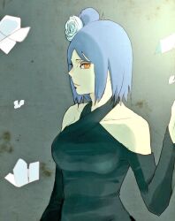 Rule 34 | 1girl, bare shoulders, black dress, blue hair, breasts, bug, butterfly, dress, eyeshadow, flower, hair flower, hair ornament, insect, konan (naruto), labret piercing, makeup, meitarou, naruto (series), naruto shippuuden, orange eyes, paper, short hair, solo