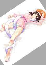 00s 1girl bad_id bad_pixiv_id bakemonogatari barefoot brown_hair newsboy_cap female_focus flat_chest hat legs monogatari_(series) niko niko_(azurite) one_eye_closed panties panty_pull see-through_clothes sengoku_nadeko short_hair snake solo striped_clothes striped_panties underwear wince wink