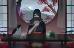 1girl animal aoi_ogata artist_name black_hair black_kimono bonsai cat cityscape cloud cloudy_sky commentary commission covered_mouth curtains english_commentary female_focus folding_fan full_moon green_eyes hair_over_one_eye hand_fan highres holding holding_fan indoors japanese_clothes kimono long_hair moon mountain obi original pagoda round_window sash short_sleeves sky solo swept_bangs table tree wide_sleeves window