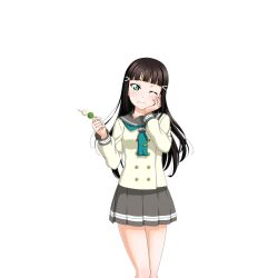 Rule 34 | 1girl, anime coloring, aqua neckerchief, black hair, blunt bangs, blush, dango, food, green eyes, grey sailor collar, grey skirt, hair ornament, hairclip, hand on own cheek, hand on own face, hands up, holding, holding food, kurosawa dia, long hair, long sleeves, looking at viewer, love live!, love live! school idol festival, love live! sunshine!!, miniskirt, mole, mole under mouth, neckerchief, official art, one eye closed, pleated skirt, sailor collar, sanshoku dango, school uniform, serafuku, shirt, skirt, smile, solo, standing, tie clip, transparent background, uranohoshi school uniform, wagashi, white shirt, winter uniform