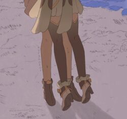 2girls artist_name back black_boots black_skirt black_thighhighs boots bow dress feet firefly_(honkai:_star_rail) foot_focus footwear_bow green_dress high_heel_boots high_heels honkai:_star_rail honkai_(series) implied_kiss kiss korshokor leg_focus multiple_girls ocean outdoors shadow shoes skirt standing stelle_(honkai:_star_rail) sweat thighhighs tiptoe_kiss tiptoes trailblazer_(honkai:_star_rail) white_shoes yellow_bow yuri
