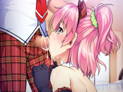 Rule 34 | 2boys, animal ears, aogiri penta, blue eyes, blurry, blush, cat boy, cat ears, censored, crossdressing, cum, cum in mouth, cum on body, depth of field, elbow gloves, facial, fake animal ears, fellatio, game cg, gloves, hair ornament, indoors, josou gakuen (no~strike), josou gakuen (you), male focus, mosaic censoring, multiple boys, nagahisa chiharu, no~strike (circle), oral, penis, pink hair, profile, scrunchie, short hair, trap, yaoi