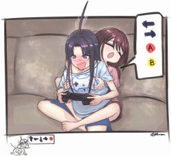 2girls ahoge awa_subaru black_hair blue_shirt blue_shorts brown_hair commentary_request controller game_controller girls_band_cry groping heart heart_in_mouth highres holding holding_controller holding_game_controller iseri_nina leg_lock long_hair multiple_girls parted_bangs pink_shirt purple_eyes shirt short_hair shorts sidelocks single_off_shoulder sitting tomare_(akashingou) yuri