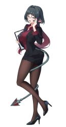 1girl absurdres adjusting_eyewear animal_ears black_jacket black_pantyhose black_shoes collared_shirt full_body green_eyes high_heels highres id_card jacket jane_doe_(zenless_zone_zero) long_hair long_tail mouse_ears mouse_girl multicolored_hair office_lady pantyhose pencil_skirt pink_shirt ruaruayana sharp_tail shirt shoes skirt smile tail tail_around_own_leg two-tone_hair white_background zenless_zone_zero