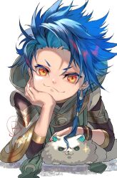 1boy :3 black_cloak blue_eyes blue_hair cloak close-up cu_chulainn_(fate) dog fate/grand_order fate_(series) hand_on_own_face looking_at_viewer male_focus orange_eyes setanta_(fate) signature sparkle suzuki_rika upper_body white_fur