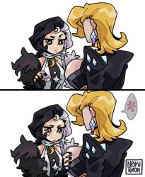 2girls absurdres angry black_hair blue_eyes breasts emma_frost emma_frost_(x-revolution) fingerless_gloves gloves grabbing_another&#039;s_breast groping heterochromia highres large_breasts looking_at_viewer luna_snow marvel marvel_rivals multicolored_hair multiple_girls nekitoron short_hair split-color_hair two-tone_hair white_hair x-men yuri