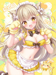 1girl abstract_background ahoge animal animal_ear_fluff animal_ears animal_hands apron armband artist_name bell black_bow black_bowtie blonde_hair blush bow bow_bra bowtie bra breasts candy_hair_ornament cat cat_ears cat_girl cat_tail cleavage commentary_request cowboy_shot crossed_bangs detached_collar fang food-themed_hair_ornament frilled_apron frilled_bra frilled_skirt frills gloves hair_bow hair_ornament hands_up heart heart_hair_ornament large_breasts long_hair looking_at_viewer maid maid_headdress microskirt navel neck_bell no_shirt open_mouth original paw_gloves picpicgram plaid_bra plaid_clothes plaid_skirt pleated_skirt skirt smile solo standing stomach tail twitter_username two_side_up underwear very_long_hair waist_apron watermark white_bow yellow_armband yellow_background yellow_bra yellow_collar yellow_eyes yellow_gloves yellow_skirt yellow_theme