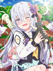 1girl azusa_(blue_archive) blue_archive cat flower hair_flower hair_ornament halo highres long_hair mikoshi_(user_wvyd4348) one_eye_closed wings