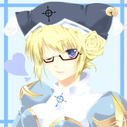 Rule 34 | 1girl, alternate color, bell, black-framed eyewear, blonde hair, blue background, blue dress, blue eyes, blush, breasts, closed mouth, commentary request, double bun, dress, glasses, grey hat, hair bun, hat, hat bell, heart, high priest (ragnarok online), jingle bell, looking at viewer, medium breasts, mio (honey peach), noah hat (ragnarok online), one eye closed, ragnarok online, semi-rimless eyewear, short hair, smile, solo, two-tone dress, under-rim eyewear, upper body, white dress