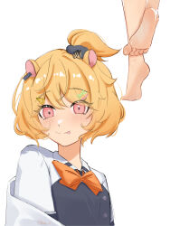 Rule 34 | 1girl, animal ears, barefoot, black scrunchie, black shirt, blush, bow, bowtie, eimi isami, eyelashes, feet, hair ornament, hair scrunchie, hairclip, hamster ears, hamster girl, high ponytail, highres, kalm ol, orange bow, orange bowtie, orange hair, phase connect, pink eyes, ponytail, scrunchie, seed, shirt, short hair, soles, sunflower seed, tongue, tongue out, two-tone shirt, virtual youtuber, white shirt