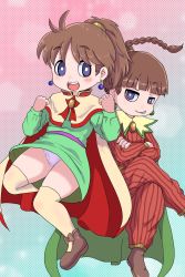 1boy 1girl blue_eyes brother_and_sister brown_hair cape dress earrings final_fantasy final_fantasy_iv fukuro_(fxxk_law) fxxk_law highres jewelry long_hair open_mouth palom panties ponytail porom siblings smile thighhighs twins underwear