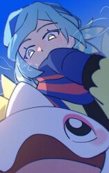 1boy blue_background blue_hair blue_mittens blue_scarf cetoddle creatures_(company) eyelashes game_freak grusha_(pokemon) hand_up highres jacket long_sleeves looking_down male_focus mittens mocacoffee_1001 nintendo pokemon pokemon_(creature) pokemon_sv scarf scarf_over_mouth signature striped_clothes striped_scarf yellow_jacket