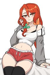 1girl arm_support black_bra black_thighhighs bra bra_peek breasts camisole cleavage closed_mouth commentary commentary_typo cowboy_shot dolphin_shorts english_commentary green_ribbon grey_jacket hair_bun hair_ribbon hand_in_own_hair highres hyyun_ho jacket june_(hyyun_ho) large_breasts long_hair looking_at_viewer midriff navel off_shoulder orange_eyes orange_hair original red_shoes ribbon shoes shorts simple_background solo stomach thighhighs underwear white_background white_camisole white_trim