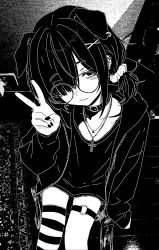 1girl absurdres animal_ears choker closed_mouth collar garter_straps glasses greyscale hair_ornament highres hood hoodie jewelry long_sleeves looking_at_viewer monochrome original puriririririri sitting solo thighhighs v