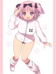 1girl arm_up black_bow black_ribbon blush bow breasts fanged_bangs flower_in_eye hair_bow hair_ribbon hibari_(senran_kagura) jacket large_breasts leg_warmers long_sleeves looking_at_viewer medium_hair multicolored_eyes open_mouth pillarboxed pink_background pink_hair pink_pupils purple_eyes ribbed_leg_warmers ribbon senran_kagura senran_kagura_estival_versus senran_kagura_shoujo-tachi_no_shin&#039;ei shoes smile solo star_(symbol) star_symbol_background symbol_in_eye thighs track_jacket two-tone_eyes two_side_up utahiro_(shima) white_background white_jacket white_leg_warmers white_shoes zipper zipper_pull_tab