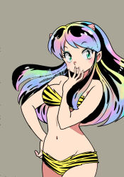 01angelegg 1girl animal_print bare_arms bra covering_own_mouth floating_hair green_eyes grey_background groin hand_on_own_hip horns long_hair looking_at_viewer lum multicolored_hair navel panties pink_hair pointy_ears print_bra print_panties simple_background solo standing strapless strapless_bra striped_bra striped_clothes striped_panties tiger_print underwear underwear_only urusei_yatsura watermark yellow_bra yellow_panties