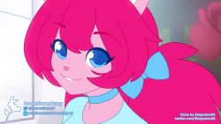 1boy 1girl animal_ears animated blue_eyes blush bouncing_breasts bow breast_drop breasts buck_teeth clothes_lift cutoffs denim denim_shorts dreamflowerbunny endymionva flashing furry hair_bow indoors interior looking_at_viewer medium_breasts micro_shorts nipples pink_hair pov rabbit_ears rabbit_tail shirt_lift shorts smile sound standing talking teeth twintails undressing video watermark web_address