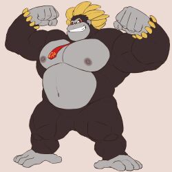 1boy banana bara barefoot belly biceps commentary_request donkey_kong donkey_kong_(series) donkey_kong_bananza flexing food fruit furry furry_male gorilla_boy grin highres kong_bananza looking_at_viewer male_focus muscular muscular_male navel nintendo nipples otsukimi pectorals plump smile