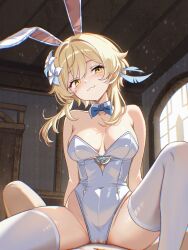 1girl 1other :3 ahhgik animal_ear_hairband animal_ears bedroom blonde_hair blue_bow blue_bowtie bow bowtie breasts detached_collar fake_animal_ears flower genshin_impact hair_flower hair_ornament hairband highres indoors leotard looking_at_viewer lumine_(genshin_impact) medium_breasts playboy_bunny pov rabbit_ears short_hair_with_long_locks solo_focus straddling strapless strapless_leotard thighhighs white_flower white_leotard white_thighhighs wrist_cuffs yellow_eyes
