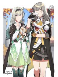 blue_eyes diting_(honkai:_star_rail) firefly_(honkai:_star_rail) food gloves green_pupils grey_hair grin highres honkai:_star_rail honkai_(series) jacket jouhou milk_tea multicolored_eyes non-humanoid_robot one_eye_closed pink_eyes robot robot_animal robot_dog smile steamed_bun stelle_(honkai:_star_rail) trailblazer_(honkai:_star_rail) two-tone_eyes yellow_eyes
