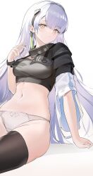 1girl absurdres ak-alfa_(girls&#039;_frontline) black_thighhighs blush bow bow_panties breasts closed_mouth commentary dot_mouth earrings english_commentary girls&#039;_frontline girls&#039;_frontline_2:_exilium grey_hair highres janyhero jewelry long_hair looking_at_viewer navel panties single_earring sitting solo thighhighs tololo_(girls&#039;_frontline_2) underwear white_panties yellow_eyes