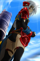 1girl ass banpresto brown_eyes cindy_bird facepaint female_focus fingerless_gloves gloves grey_hair haruyama_kazunori looking_down outdoors sky solo super_robot_wars super_robot_wars_og_saga_mugen_no_frontier super_robot_wars_og_saga_mugen_no_frontier_exceed thighhighs