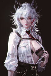 1girl black_bra black_horns black_pants bra breasts chest_harness collared_shirt commentary cowboy_shot curled_horns earrings hair_between_eyes harness highres horns jewelry key_earrings large_breasts looking_to_the_side multicolored_hair necktie nixeu no_jacket open_clothes open_shirt pants patreon_username red_eyes red_necktie revision shirt shirt_tucked_in signature solo streaked_hair underwear white_shirt wuthering_waves zani_(wuthering_waves)