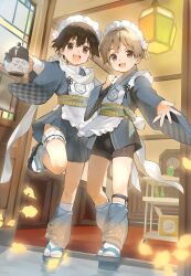 2boys apron brown_eyes brown_hair cocolo_(co_co_lo) commentary_request crossdressing full_body highres indoors japanese_clothes looking_at_viewer maid maid_headdress male_focus multiple_boys open_mouth original sandals short_hair shorts smile socks standing standing_on_one_leg tabi wa_maid white_socks zouri