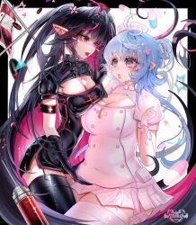 2girls belly black_dress black_hair black_thighhighs blue_hair breasts cleavage cleavage_cutout clothing_cutout commentary covered_navel cross_hair_ornament dress elf english_commentary garter_straps hair_ornament hand_on_another&#039;s_stomach hat large_breasts long_hair looking_at_another medium_breasts miniskirt multiple_girls myuutew nurse_cap original pill pink_shirt pink_skirt pink_thighhighs pleated_skirt plump pointy_ears shirt side_slit skirt syringe thighhighs two_side_up very_long_hair watermark yami_kawaii yuri zettai_ryouiki