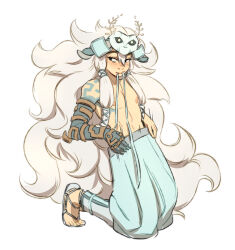 Rule 34 | 1boy, :&gt;, arm tattoo, bishounen, blush, grey hair, highres, kneeling, link, long hair, looking to the side, mask, mask on head, mouth hold, mystic set (zelda), nintendo, nipples, ripushko, sandals, simple background, simple bird, solo, tattoo, the legend of zelda, the legend of zelda: tears of the kingdom, topless male, undressing, very long hair, white background