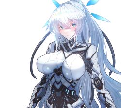1girl android blue_eyes breasts cable hair_between_eyes highres joints large_breasts long_hair looking_at_viewer natsukaze_shigure original ponytail robot_girl robot_joints science_fiction simple_background solo upper_body very_long_hair white_background white_hair