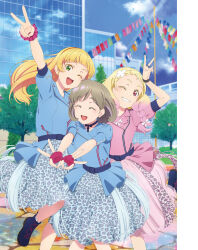 3girls artbook belt blonde_hair blue_belt blue_jacket blue_skirt braid building choker closed_eyes cloud double_v fingerless_gloves flower gloves green_eyes grey_hair hair_flower hair_ornament hairband heanna_sumire highres jacket long_hair looking_at_viewer love_live! love_live!_superstar!! multicolored_hair multiple_girls non-web_source official_alternate_costume official_art one_eye_closed onitsuka_natsumi open_mouth orange_hairband outdoors pink_eyes pink_gloves pink_jacket pink_skirt short_hair short_sleeves skirt sky smile standing tang_keke tree twin_braids v we_will!!_(love_live!)