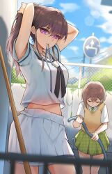 2girls absurdres bang_dream! bang_dream!_it&#039;s_mygo!!!!! black_neckerchief blush brown_hair brown_sweater_vest chinese_commentary closed_mouth commentary_request day fence green_necktie green_skirt grey_eyes hair_between_eyes hanasakigawa_school_uniform haneoka_school_uniform highres holding holding_hose hose long_hair midriff mouth_hold multiple_girls neckerchief necktie outdoors plaid_clothes plaid_skirt pleated_skirt purple_eyes ribbon ribbon_in_mouth road_sign sailor_collar school_uniform serafuku shiina_taki shirt short_hair sign skirt sweater_vest takamatsu_tomori tying_hair unique_(pixiv12704744) unmoving_pattern white_sailor_collar white_serafuku white_shirt white_skirt