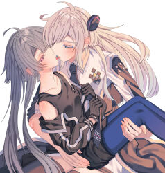 2girls absurdres black_necktie blonde_hair blush breasts brown_necktie collared_dress commentary_request dress duel_monster emptyayya grey_hair highres kiss long_hair long_sleeves multiple_girls necktie red_eyes simple_background sky_striker_ace_-_raye sky_striker_ace_-_roze sweat twintails two-tone_dress yu-gi-oh! yuri