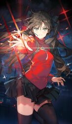 1girl between_fingers black_background black_bow black_skirt black_thighhighs bow breasts city closed_mouth commentary cross fate/grand_order fate/stay_night fate_(series) floating_clothes floating_hair gem green_eyes hair_between_eyes hair_bow holding holding_gem latin_cross leg_up long_hair long_sleeves looking_at_viewer medium_breasts night official_art outdoors pleated_skirt red_gemstone red_sweater skirt smile solo sparkle standing standing_on_one_leg starshadowmagician sweater thighhighs third-party_source tohsaka_rin turtleneck turtleneck_sweater two_side_up zettai_ryouiki