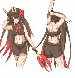 Rule 34 | alternate body build, alternate body size, bikini, brown hair, reference sheet, frilled bikini, frills, genshin impact, hat, highres, hu tao (genshin impact), muscular, muscular back, muscular female, muscular legs, red eyes, sketch, staff of homa (genshin impact), stretching, swimsuit, twintails, yukiart 83