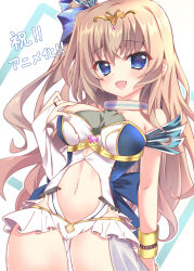 Rule 34 | 1girl, 9-nine-, :d, absurdres, arm at side, bare shoulders, blue bow, blue dress, blue eyes, blush, bow, bracelet, breasts, bridal gauntlets, brown hair, clothing cutout, commentary request, cosplay, cowboy shot, dress, dutch angle, eyes visible through hair, floating hair, hair between eyes, hair bow, hand up, highres, jewelry, kujou miyako, large breasts, long hair, looking at viewer, navel, navel cutout, official alternate costume, one side up, open mouth, short dress, simple background, single bridal gauntlet, sleeveless, sleeveless dress, smile, solo, stomach, sukonbu385, tiara, translation request, two-tone dress, very long hair, white background, white bridal gauntlets, white dress