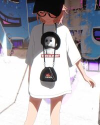 1girl 3d arm_at_side baseball_cap black-framed_eyewear black_bag black_hat blender_(medium) blush cel_rendering closed_eyes closed_mouth clothes_writing commentary cowboy_shot day english_commentary glasses graffiti hat highres light_smile mixed-language_commentary no_pants outdoors print_shirt rinne_(rinrinne) rinrinne rinrinne39_(artist) shirt short_sleeves solo standing t-shirt virtual_youtuber wall white_shirt