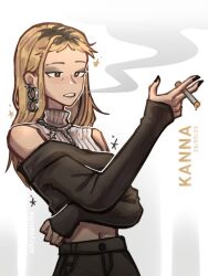 1girl athiyaphilia bare_shoulders black_eyes black_hair black_shirt blonde_hair bright_pupils chain character_name cigarette commentary dated english_commentary eyeshadow holding holding_cigarette kanna_(kininatteru_hito_ga_otoko_ja_nakatta) kininatteru_hito_ga_otoko_ja_nakatta long_sleeves makeup midriff_peek multicolored_hair navel parted_lips roots_(hair) shirt sleeves_past_wrists smoke smoking solo sparkle sweater turtleneck turtleneck_sweater upper_body white_background white_pupils