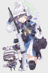1girl animal_ears blue_archive blue_eyes blue_serafuku blush breasts chibi chibi_inset combat_helmet explosive grenade grenade_pin_in_mouth gun halo helmet highres holding holding_grenade lahti-saloranta_m/26 large_breasts light_machine_gun long_sleeves looking_at_viewer machine_gun neckerchief odmised purple_hair saki_(blue_archive) school_uniform serafuku short_hair solo stahlhelm stick_grenade weapon white_helmet yellow_neckerchief