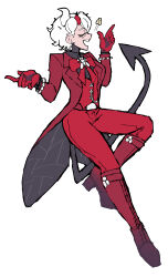 1girl absurdres beelzebub_(helltaker) boots business_suit demon_girl demon_horns demon_tail formal_clothes freckles gloves helltaker high_heel_boots high_heels highres horns nata_z red_eyes red_gloves red_suit short_hair solo suit tail white_hair