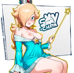 1girl animal_ears artist_name blonde_hair blue_dress blue_eyes blush breasts breasts_out closed_mouth collarbone commentary crown dress english_commentary hair_over_one_eye holding holding_wand lips long_hair looking_at_viewer mario_(series) medium_breasts mini_crown nintendo nipples patreon_username rosalina sitting smile solo soyiamchan star_wand twitter_username wand