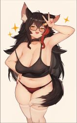 1girl :d absurdres animal_ears armpits black_camisole black_choker black_hair bra breasts camisole choker commentary crop_top crossed_bangs double-parted_bangs english_commentary fang female_pubic_hair flipped_hair hair_ornament hairclip hand_on_own_hip highres hololive lace lace-trimmed_bra lace_trim large_breasts long_hair multicolored_hair navel no_pants ookami_mio open_mouth panties plump pubic_hair pubic_hair_peek rectangular_eyewear red_hair red_panties semi-rimless_eyewear sidelocks skin_fang smile solo spiked_hair strap_slip streaked_hair tail tail_around_own_leg thighhighs underwear v varniskarnis very_long_hair virtual_youtuber white_background white_thighhighs wolf_ears wolf_girl wolf_tail yellow_eyes