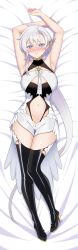 1girl absurdres armpits black_boots blush boots breasts clothing_cutout collarbone commission dakimakura_(medium) gluteal_fold grey_eyes grey_hair hair_ornament high_heel_boots high_heels highres liora_walkyria long_hair low_wings lying navel on_back parted_lips second-party_source solo stomach_cutout thigh_boots thigh_gap v&amp;u_entertainment white_wings wing_hair_ornament wings zedxxx