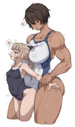 1futa 1girl arched_back blonde_hair blue_eyes breasts brown_hair competition_school_swimsuit dark-skinned_female dark_skin futa_with_female futanari gym_uniform height_difference highres humping implied_futanari implied_sex kei_(m_k) large_breasts long_hair m_k original ponytail red_eyes rika_(m_k) school_swimsuit short_hair simple_background size_difference small_breasts standing sweat swimsuit tall_female tan tomboy
