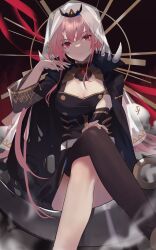 1girl absurdres black_dress black_nails black_thighhighs breasts closed_mouth commentary crossed_legs dress fingernails highres hololive hololive_english large_breasts long_hair looking_at_viewer moonlaw mori_calliope mori_calliope_(1st_costume) nail_polish pink_eyes pink_hair shoulder_spikes single_thighhigh sitting solo spikes thighhighs tiara veil virtual_youtuber