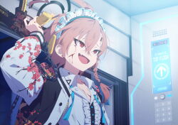Rule 34 | 1girl, black jacket, blood, blood on face, blue archive, blue ribbon, braid, chain, fang, floral print, frilled shirt, frills, game cg, gun, hair between eyes, highres, holding, holding gun, holding weapon, jacket, long hair, maid headdress, mole, mole under eye, neru (blue archive), non-web source, official art, open mouth, ribbon, scar, scar on face, shirt, single braid, solo, spoilers, submachine gun, sukajan, upper body, weapon, white shirt, white sleeves
