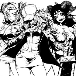 3girls baseball black_sclera blood blood_on_breasts breasts clenched_hand colored_sclera cross crying demon_girl demon_horns forehead fur_trim greyscale highres holding holding_sword holding_weapon hood hood_up horns inverted_pentagram looking_at_viewer medium_breasts monochrome multiple_girls necktie original pants pointy_ears seong_(wltjdfnfn) sharp_teeth simple_background skirt slit_pupils small_breasts streaming_tears sword tears teeth thong weapon white_background